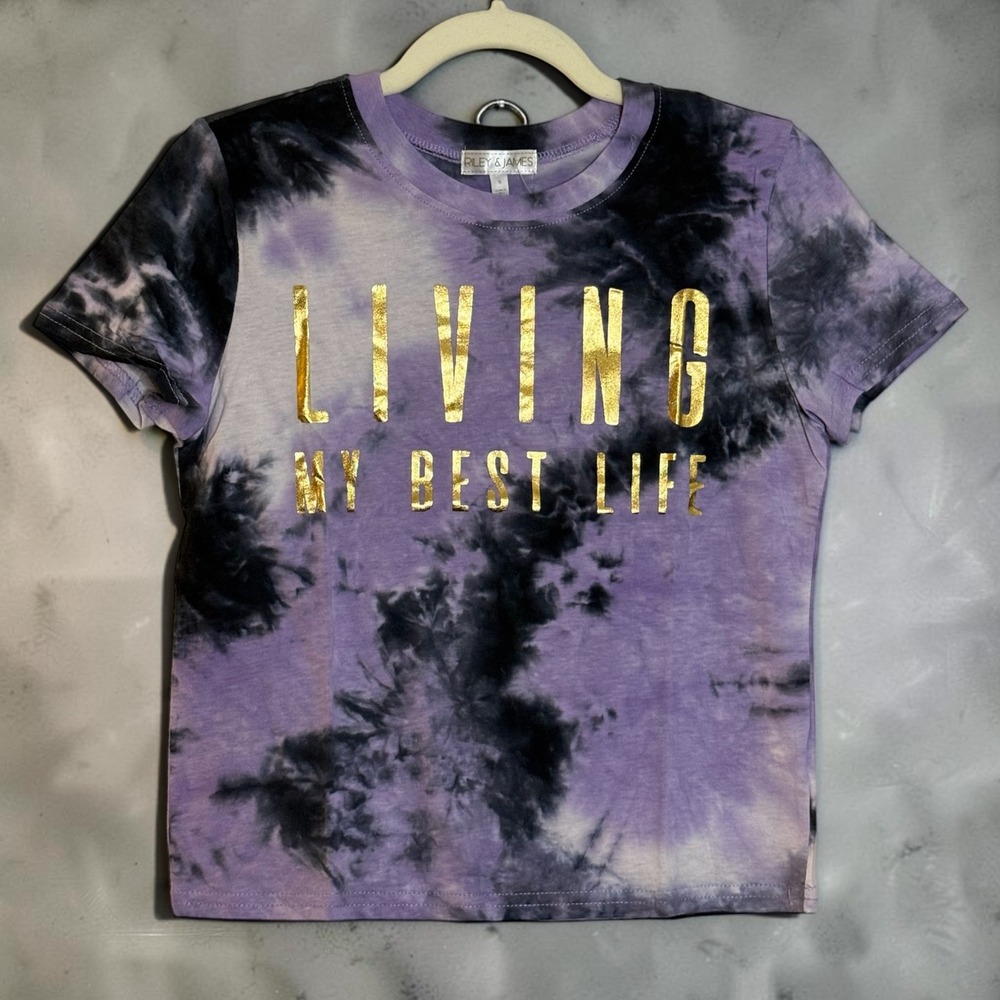Riley & James Purple Tie Dye Graphic Tee Living My Best Life Gold Foil Small